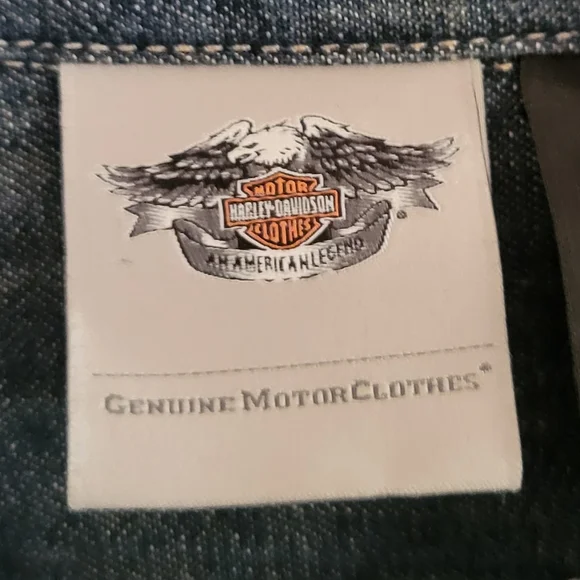 Harley Davidson Logo Embroidered Studded Denim Shirt Pearl Snap Roll Tab Sleeve - Picture 7 of 12